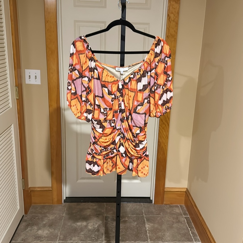 DR2 by Daniel Rainn women’s Puff Sleeve Ruched Mesh Peplum Top - Picture 5 of 11